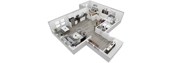 A 3D rendered image of a modern apartment layout.